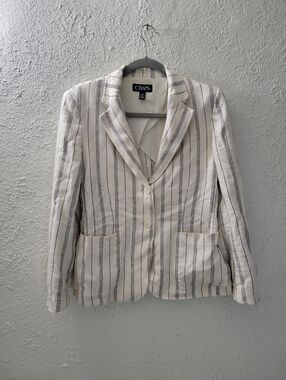 Ralph Lauren Chaps Sz 8 Womens Ivory Navy Pinstripe Linen Blend Blazer